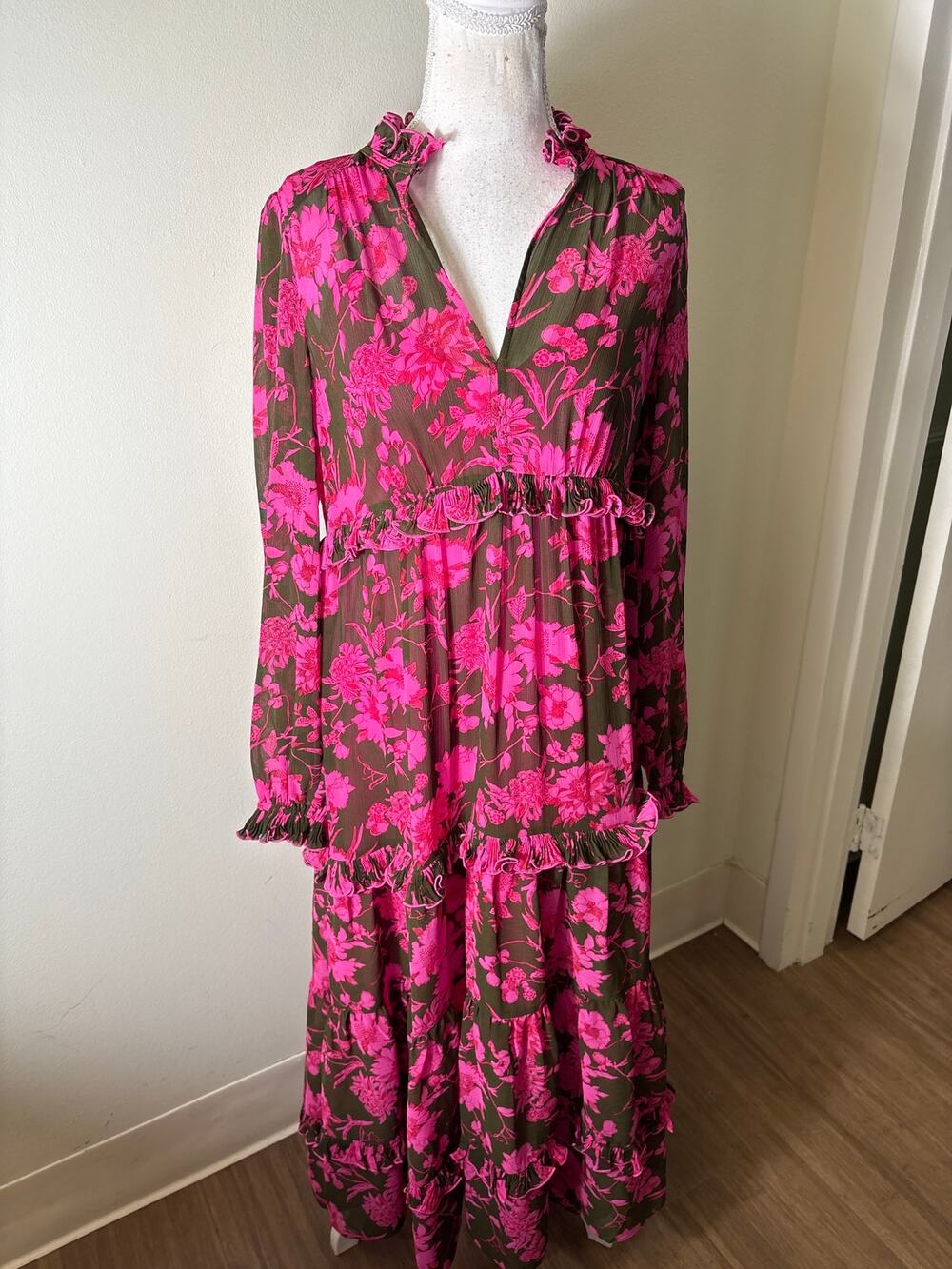 ME+EM Brown and Pink Floral Long Sleeve Maxi Dress Sz 6